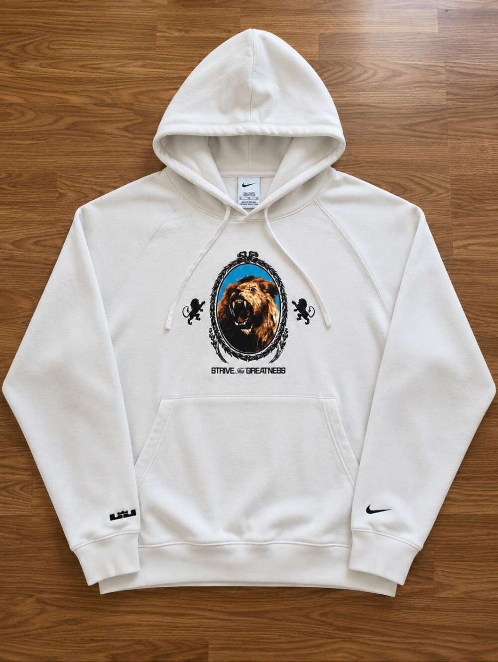 Nike White Hoodie with Lion Crest and Blue Frame Lebron James